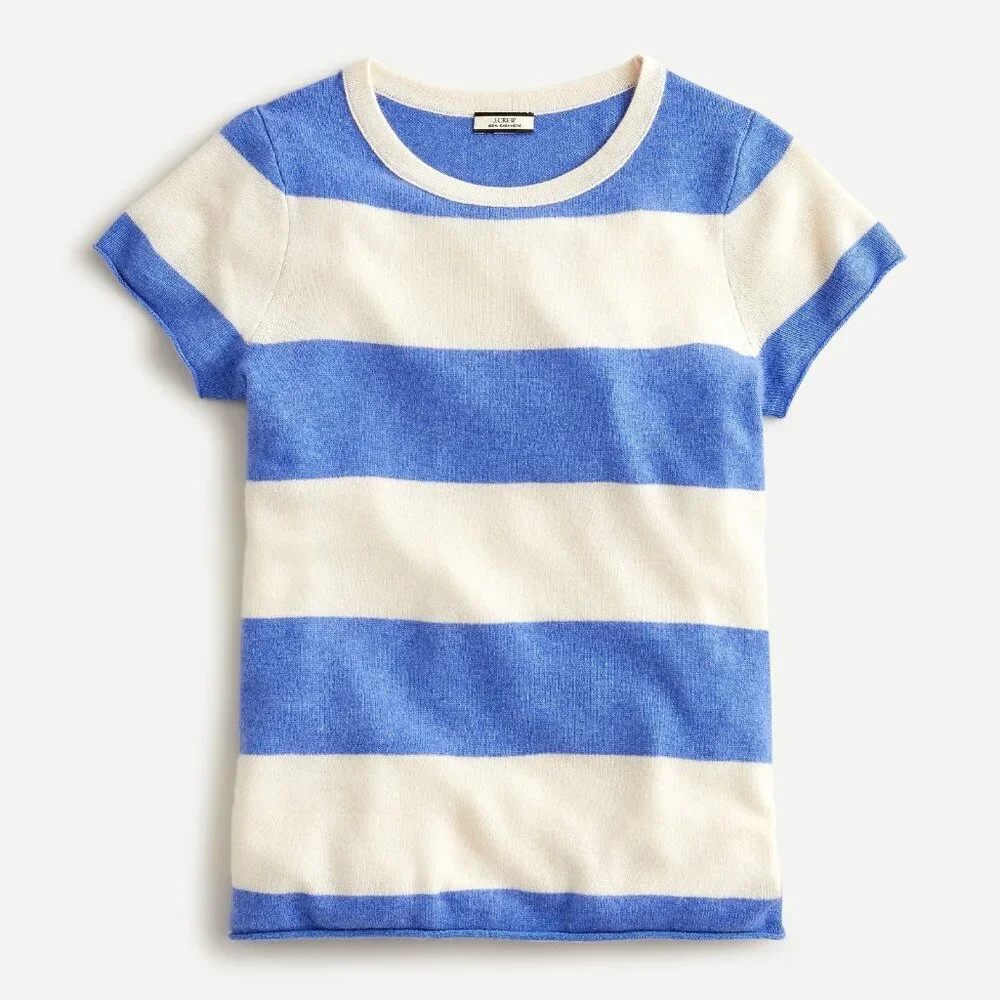 NWT J.Crew Short-Sleeve Cashmere T-shirt in Heather Blue Muslin Rugby Stripe S